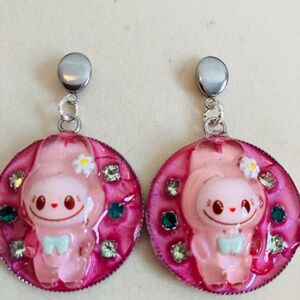 Handmade Kawaii “Labubu” Push Back Pierced Earrings - Pink with Rhinestones